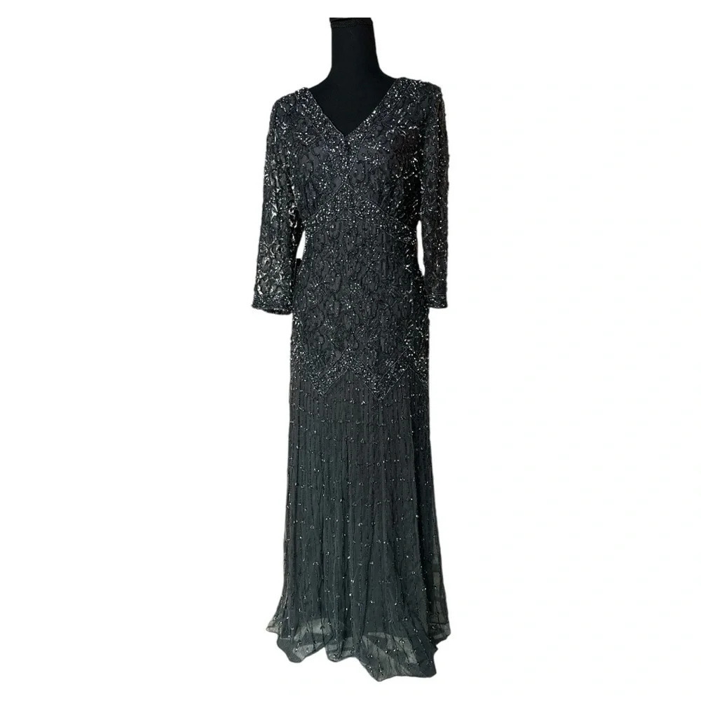 Pisarro Nights Beaded Art Deco Gown Gray Size 14